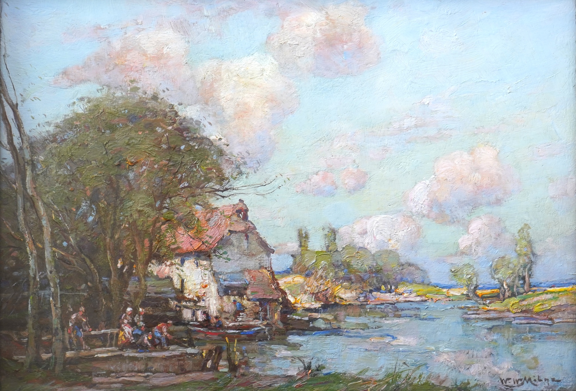 William Watt Milne, 1865-1951, A riverside cottage with figures